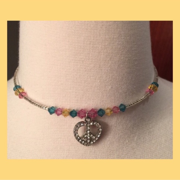High IntenCity Multi-Color Silver Beaded Multi-Color Choker with Crystal Heart - Picture 2 of 8